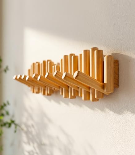 Modern Wooden Wall Mounted Coat Rack, 5-Hooks, Decorative Wall Hooks for Purse, Bags & Hats, Heavy Duty, Sturdy, Natural Pine Wood, Pull Down Hooks, Easy to Install - Image 2