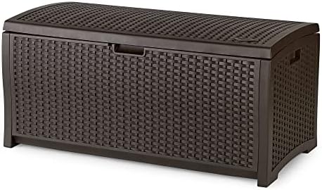 Suncast Outdoor Storage Box - 73 Gallon Mocha Brown Deck Box for Patio, weather-resistant Outdoor Storage Bench, Resin Wicker Style, Heavy-Duty, Lockable Lid for Cushions, Shoes, Pool & Garden Gear by Unknown