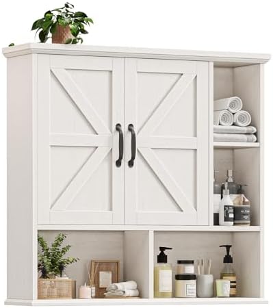 Bathroom Wall Cabinet, Farmhouse Medicine Cabinet with Doors, Rustic White by Vabches
