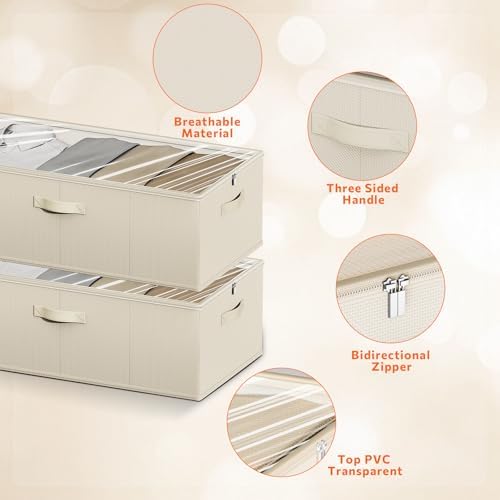 10inch 3 Pack Under Bed Storage Containers, 10 Inch Tall Underbed Clothes Storage Organizer Bin with Clear Window，Foldable Box Basket for Clothes, Closet, Bed Sheets and Blankets Beige - Image 5