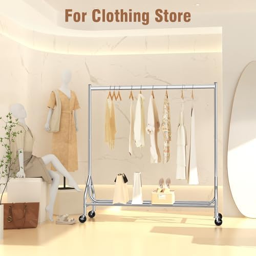 EAGMAK Heavy Duty Clothes Rack Load 420 LBS, Rolling Garment Rack with Lockable Wheels, Standing Metal Clothing Rack, Portable Wardrobe Sturdy Coat Rack for Hanging Clothes (Silver, 59″×18.9″×63″) - Image 7