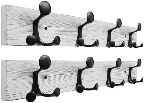 SKOLOO 24-Inch Wood Coat Rack Wall Mount with 4 Triple Hooks - Ideal for Family Entrances, Classrooms, and Pet Supplies Storage - Perfect Coat Hooks for Wall,Distressed White Wash, Pack of 2 by SKOLOO
