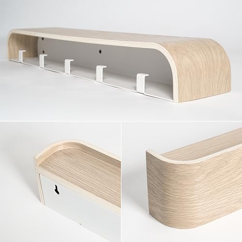 Kazai. Wall-Mounted Coat Rack 'Toke' - Modern Design Coat Rack with Hidden Wall Hooks - Solid Wood Veneer Panel Coat Hanger - Oak, White - Image 4