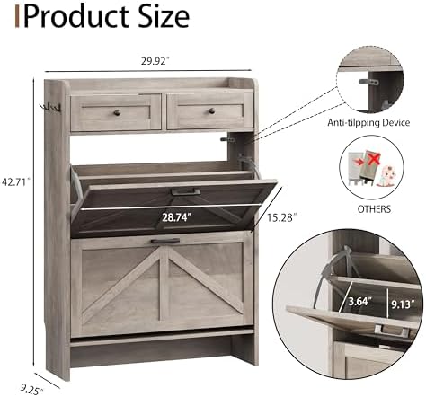Shoe Cabinet with 2 Flip Drawers & 2 Top Drawers, 43" Tall Freestanding Narrow Wooden Shoe Storage Organizer for Entryway, Hidden Slim Shoe Rack for Front Door Entrance, Hallway, Living Room, Grey - Image 2