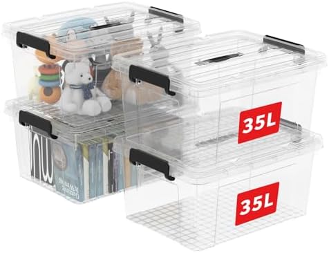 Cetomo Lidded Storage Bin with Handle, Storage Bins with Lid, Organizing Container with Secure Latching Buckles, Stackable and Nestable, Plastic, 40 Quart-4 Pack, Clear by Cetomo