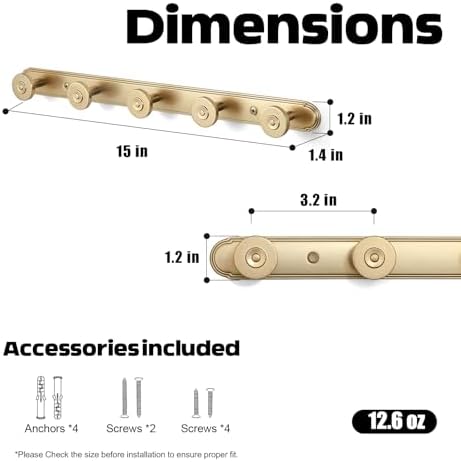 Coat Rack Wall Mounted,Champagne Bronze Zinc Alloy with 5 Hooks - Image 2