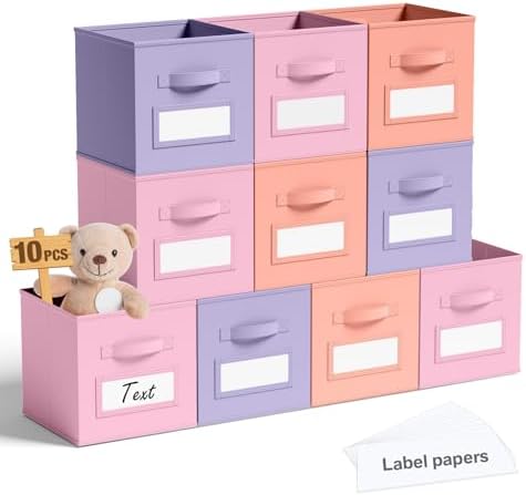 Teenyyou 10 Pack Fabric Storage Cubes 11 Inch Collapsible Cube Bins with Label Window & Handle Foldable Organizers Baskets for Shelf Closet Nursery Kids Room Clothes Book Toy(Gentle Pink Purple) by Teenyyou