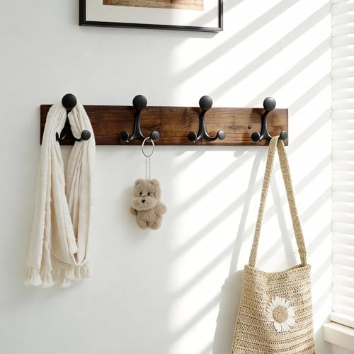 SKOLOO 24-Inch Walnut Wood Coat Rack Wall Mount with 4 Triple Hooks - Ideal for Family Entrances, Classrooms, and Pet Supplies Storage - Perfect Coat Hooks for Wall - Image 2