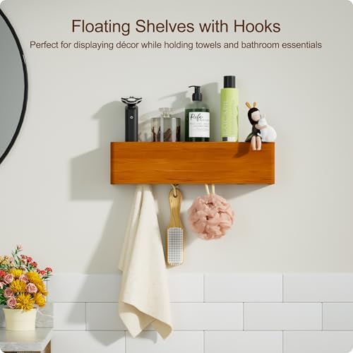 Key Holder Wall Mount with Shelf - Wooden Entryway Organizer with 4 Hooks for Keys, Coats & Hats - Wall Mounted Coat Rack for Hallway, Bathroom, Bedroom - Brown, 2-Pack - Image 4
