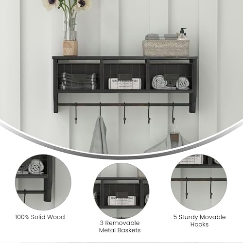 Merrick Lane Enid Wall Mount Storage Rack - Blackwashed Pine Wood - 24" Wide - Upper Shelf - 5 Hooks - Wire Baskets - For Entryway, Kitchen, Bathroom - Image 4