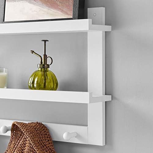 Danya B 2-Tier Ledge Wall Shelf Organizer with Five Hanging Coat or Towel Hooks - Perfect for Entryway or Bathroom (White) - Image 5