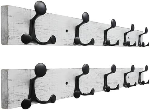 SKOLOO 30-Inch Wood Coat Rack Wall Mount with 5 Triple Hooks - Ideal for Family Entrances, Classrooms, and Pet Supplies Storage - Perfect Coat Hooks for Wall,Distressed White Wash, Pack of 2 by SKOLOO
