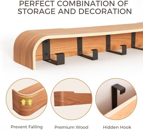 Coat Rack Wall Mount with Shelf Entryway Shelf Modern Key Holder Hanger Wall Shelves with Hidden Hooks for Hanging Towels Coats Hats Bags for Hallway Bathroom Bedroom (Oak, 5 Hooks) - Image 5