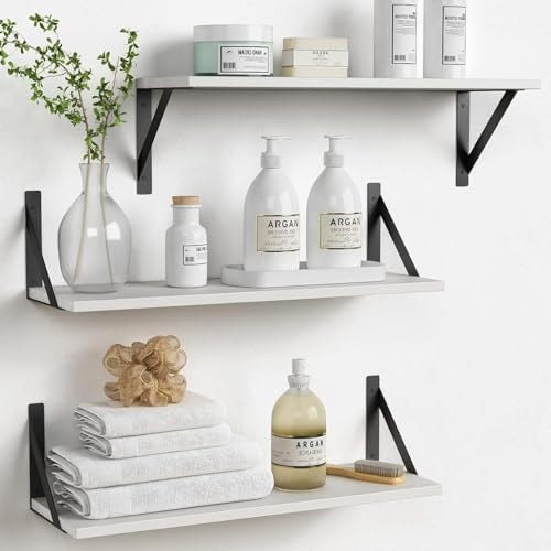 White Floating Shelves 24 inches Long Set of 3, 24 x 8 Inch Bathroom Wall Shelves Over Toilet for Towels, Modern Wood Mounted Storage Shelf for Bedroom Living Laundry Room Kitchen Office Closet by Forbena