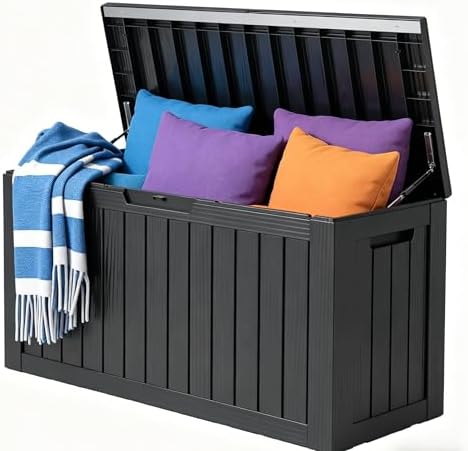 LAUSAINT HOME 180 Gallon Resin Deck Box, Package Delivery Box with Lockable Lid, Waterproof Outdoor Storage Box For Garden Tools, Patio Cushions(180 Gallon,Black) by LAUSAINTHOME