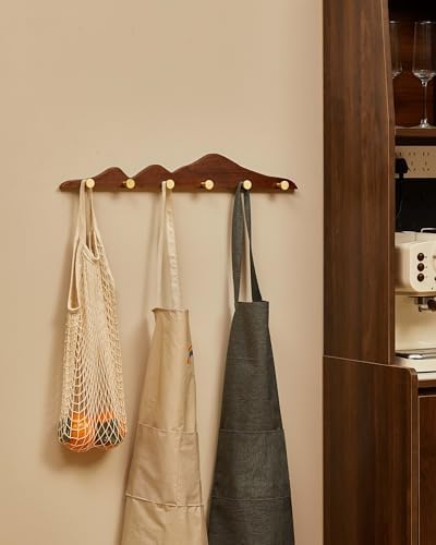 Wood Coat Hooks Wall Mount - Wooden Coat Rack with 6 Gold Brass Hooks for Entryway Bathroom Bedroom, Modern Decorative Wall Hooks Heavy Duty Organizer for Hanging Clothes Hats Bags Robes Towels Purse - Image 5