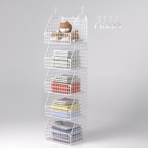 PUPPYCUTE Hanging Closet Organizer and Storage, Clothes Hanging Shelves Wire Baskets for Clothing Sweaters Purse Handbags Shoes White 5 Tier by PUPPYCUTE