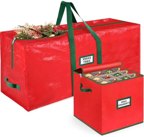StorageRight Christmas Tree Bag & Ornament Storage Box 2Pcs Set, Waterproof 9 Ft Tree Storage & 64-Compartment Organizer with Dividers, Tag Pockets & Handles, Heavy-Duty Xmas Decor Containers, Red by StorageRight