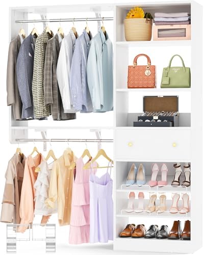 Closet System with Drawer - Reversible 5FT Wood Closet Organizer System with 2 Hanging Rods and Adjustable Shelf, Walk In Closet Organizers with Shoe Rack, Built-In Garment Rack Clothes Rack, White by Besiost