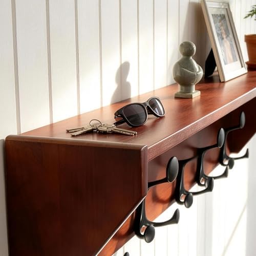 SKOLOO Wall Shelf with Hooks, 24-Inch Cherry Coat Rack Wall Mount with Shelf Organizer - Heavy Duty, 4 Tri Hooks - Perfect for Entryway, Hallway, Living Room, Bedroom, Mudroom - Image 5