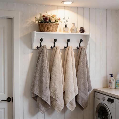 SKOLOO Wall Shelf with Hooks, 24-Inch White Coat Rack Wall Mount with Shelf Organizer - Heavy Duty, 4 Tri Hooks - Perfect for Entryway, Hallway, Living Room, Bedroom, Mudroom - Image 5