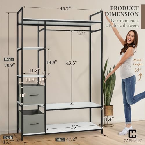 CAPHAUS 979lbs Capacity Garment Rack for Hanging Clothes, Heavy Duty Open Wardrobe w/Hanging Rods & Fabric Drawers, Free Standing Closet Organizer, Metal Closet Rack w/White Wooden Shelves - Image 2