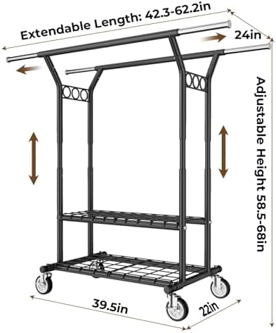 HYSEYY Heavy Duty Clothes Rack, Rolling Clothing Rack With Shelves Load 620 LBS, Double Rod Clothing Racks for Hanging Clothes, Portable& Adjustable Clothes Rack with Wheels,Black - Image 6