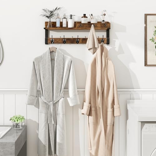 Homode Coat Rack with Shelf, Wall Shelf with Hooks, Rustic Brown Black - Image 6