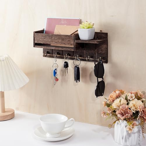 AHANDMAKER Mail and Key Holder for Wall Decorative, Wooden Wall Mount Key Rack Hanger Organizer with 6 Key Hooks Home Decor Rack for EntryWay Hallway Mudroom Organizer Kitchen Office - Image 4