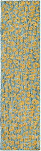 Unique Loom Outdoor Safari Collection Area Rug - Leopard (2' x 7' 10" Runner, Blue Yellow/ Blue) - Image 3