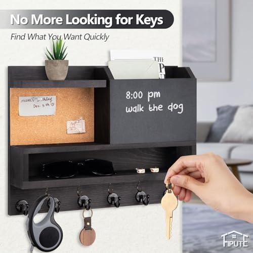 Key Holder for Wall Mount with Mail Organizer, Farmhouse Key Holder for Wall with Shelf, Chalkboard&Corkboard, Entryway Organizer 11 Metal Hooks, Decorative Natural Pine Wood, 14.6*11.1*3.3”, A-Black - Image 3