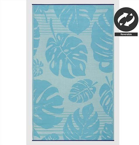 FH Home Outdoor Rug - Waterproof, Fade Resistant, Reversible - Premium Recycled Plastic - Tropical, Botanical - Patio, Deck, Porch, Balcony - Hana Leaves - Blue Crease Free - 5 x 8 ft - Image 5