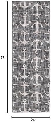 Unique Loom Outdoor Coastal Collection Area Rug - Ahoy (2'x 6' 1" Runner, Charcoal/ Ivory) - Image 2