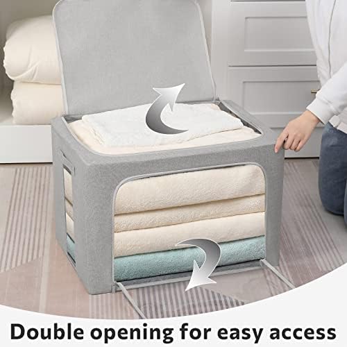 FHSQX 2 Pack Clothes Storage Bins Stackable Metal Frame Storage Box Large Capacity Foldable Linen Fabric Box Organizer with Carrying Handles and Clear Window (Light Gray, 19.7x 15.7x 12.6 Inch) - Image 2