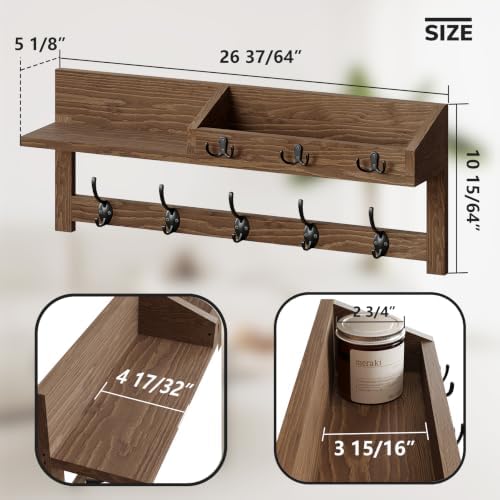 AMBIRD Wall Hooks with Shelf, 26.57 Inch Entryway Wood Coat Hooks for Wall with Shelf, Coat Rack Wall Mount with 5 Dual Hooks 3 Key Hooks Mail Organizer and Key Rack Holder (Brown) - Image 3