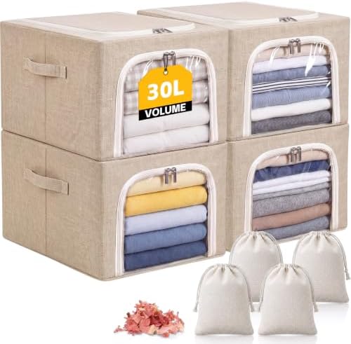 Lewtemi 30L 4 Pack Clothing Storage Bags with Cedar Sachets, Large Sweater Organizer, Breathable Fabric Containers for Clothes, Bedding & Blankets, Closet & Under Bed Storage (Beige,Classic) by Lewtemi
