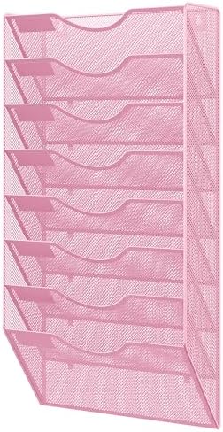 EasyPAG 8 Pocket Mesh Wall File Organizer, Hanging Paper Folder Holder with Classify Label, Vertical Wall Mount Mail Organizer for Office Home Classroom, Pink by EasyPAG