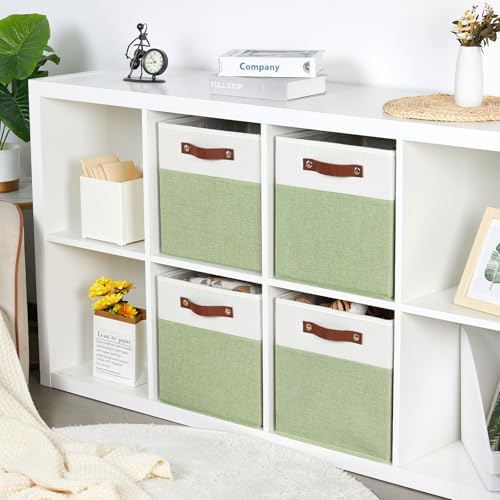 DULLEMELO Fabric Storage Cubes, 12x12 Storage Cube Bins for Organizing, Foldable Storage Baskets Square Cloth Bins for Cube Storage, Cube Organizer for Storage,White&Green - Image 5