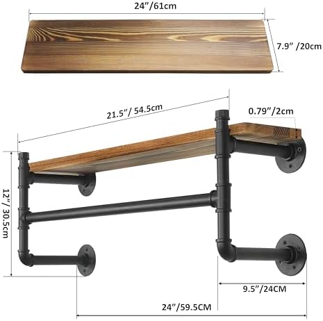 WEBI Wall Mounted Clothes Rack with Shelf,24" Industrial Pipe Clothing Rack with Shelves,Heavy Duty Iron Garment Bar,Retail Display Clothes Rod for Laundry Room,Black - Image 3