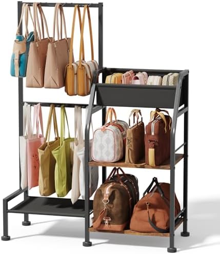 Homsorout Purse Organizer for Closet - Purse Rack Stand with 12 Hooks, 2 Wooden Shelves Purse Storage for Closet, Large Capacity Backpack Storage, Handbag Organizer for Home, Living Room, Black by Homsorout