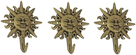 Zeckos Set of 3 Sun Face Wall Hooks, 6 Inch Gold Cast Iron by Zeckos