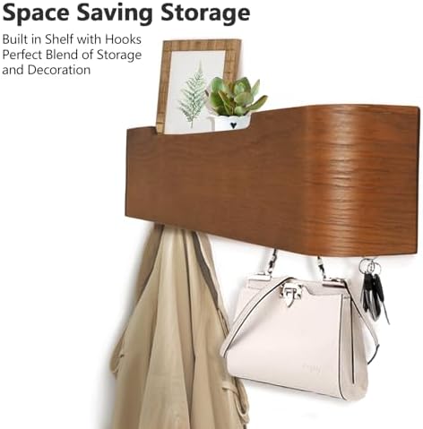 Coat Rack Wall Mount with Hidden Hooks Modern Key Holder Wood Entryway Hook with Shelf for Bedroom Kitchen Hallway Bathroom Designed for Hanging Coats Hats Bags Towel Dog Leashe(Walnut,4 Hooks) - Image 2