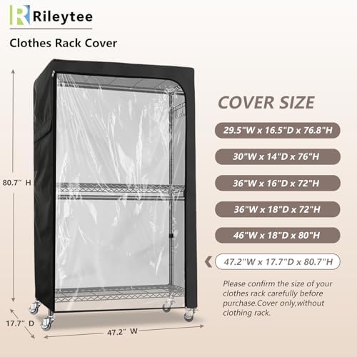 Rileytee Garment Rack Cover,600D Heavy Duty Waterproof Clothing Rack Cover,Clothes Rack Cover with Zipper for Metal Garment Rack（Clear Front,47.2"W x 17.7"D x 80.7"H,Cover Only) - Image 2