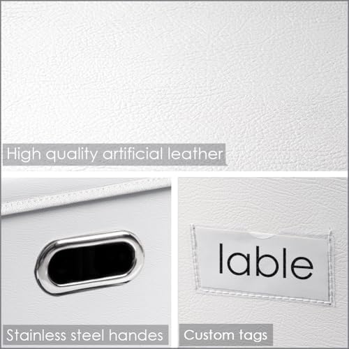 PRANDOM Collapsible Storage Box with Lid [3-Pack] Leather Fabric Foldable Storage Bin Organizer Container Basket Cube with Cover for Home Bedroom Closet Office Nursery White(22.8X15.7X11.8) - Image 3