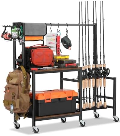 EXTCCT Fishing Rod Holder, Rolling 16 Pole Rack Cart for Garage, Brown by EXTCCT