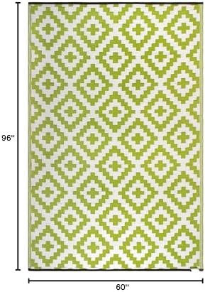 FH Home Outdoor Rug - Waterproof, Fade Resistant, Reversible - Premium Recycled Plastic - Geometric - Patio, Porch, Deck, Balcony - Aztec - Green & White Crease Free - 5 x 8 ft - Image 2