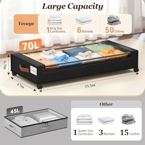 Yecaye 70 L Under Bed Storage with Wheels, 3 Pack Larger Capacity Under Bed Storage Containers, Underbed Shoe Storage Organizer, Rolling Under Bed Metal Drawers for Clothes, Blankets, Black - Image 2