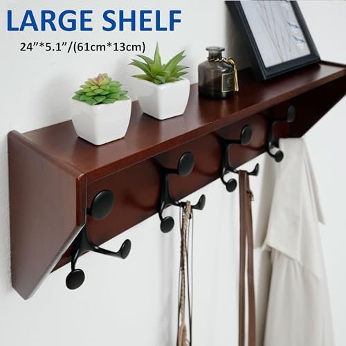 WEBI Wall Shelf with Hooks Underneath,24" Long Wall Mounted Coat Rack with Shelf,Entryway Coat Rack with 4 Triple Hooks for Hanging Coats,Jacket,Hallway,Bedroom,Mudroom,Cherry - Image 6