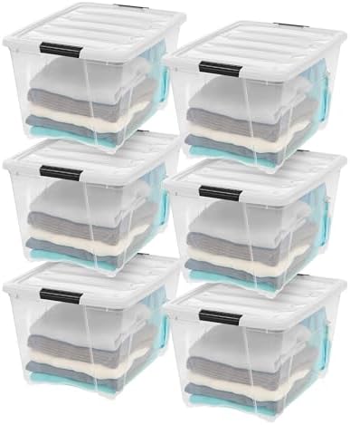 IRIS USA 54 Qt Storage Bins with Lids, 6 Pack, Dividers, Clear/White by IRISUSA