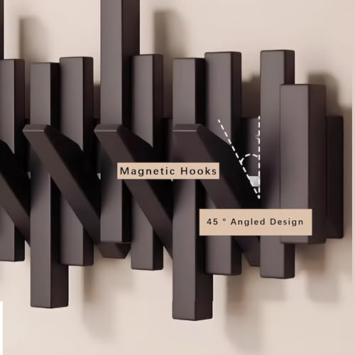 ELECANE Key Holder Wall Mount, Splicable Wooden Piano Coat Rack Wall Mount, Modern Wall Art Flip Down Magnetic Hooks Wall Hook Hat Hanger for Entryway Key Holder Bedroom Kitchen (Black, 6 Hooks) - Image 6